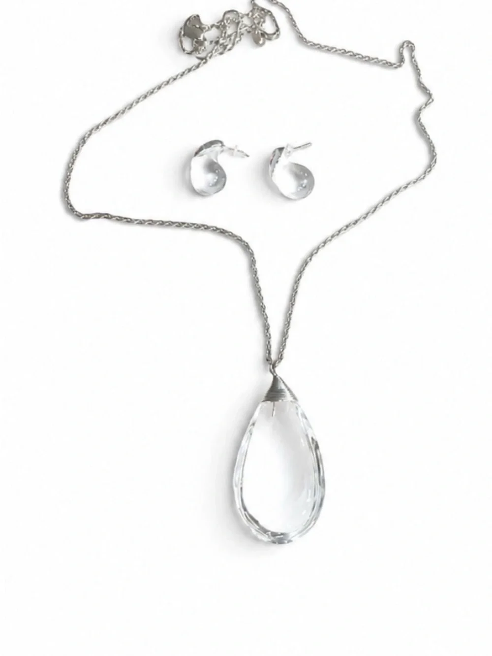 Crystal Teardrop Pendant Necklace and Earrings Set - Silver Clear